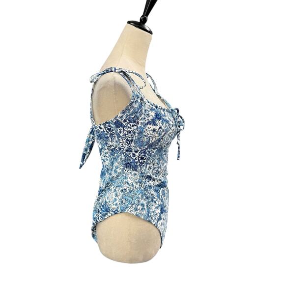 Berlook NWT Sz L Blue Retro Floral Drawstring Ruched Keyhole One-Piece Swimsuit - Picture 2 of 11
